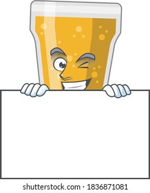 Mascot design style of mug of beer standing behind a board. Vector illustration