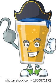 mascot design style of mug of beer as a pirate having one hook hand. Vector illustration