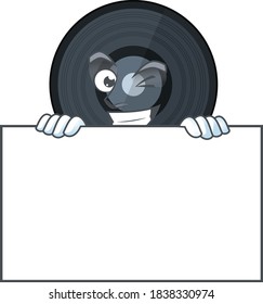 Mascot design style of music viynl disc standing behind a board. Vector illustration