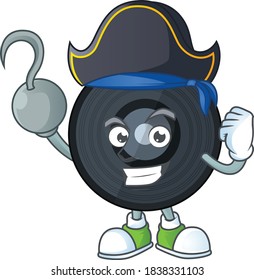 mascot design style of music viynl disc as a pirate having one hook hand. Vector illustration