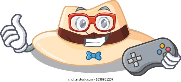 Mascot design style of panama hat gamer playing with controller