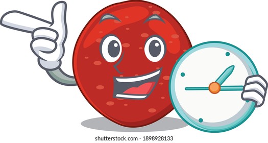 mascot design style of peperoni standing with holding a clock. Vector illustration