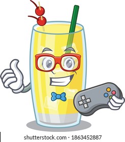 Mascot design style of pina colada cocktail gamer playing with controller