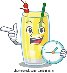 mascot design style of pina colada cocktail standing with holding a clock