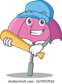 Mascot design style of pink umbrella with baseball stick