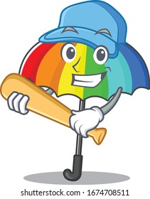 Mascot design style of rainbow umbrella with baseball stick