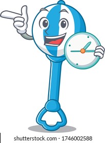 mascot design style of rattle toy standing with holding a clock