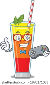 Mascot design style of tequila sunrise cocktail gamer playing with controller