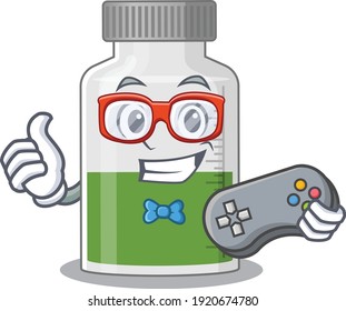 Mascot design style of vitamin syrup gamer playing with controller