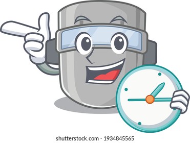 mascot design style of welding mask standing with holding a clock