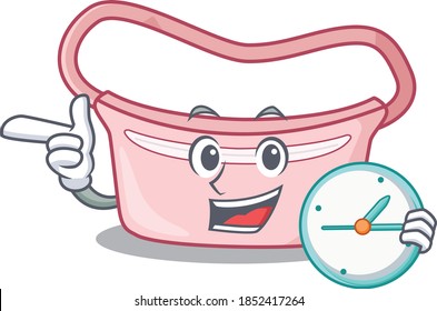 mascot design style of women waist bag standing with holding a clock