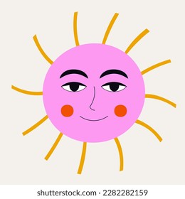 Mascot design, summer clipart. Flat avatar, pink sun cheery. Cartoon style, vector character, funny icon. Isolated on white

