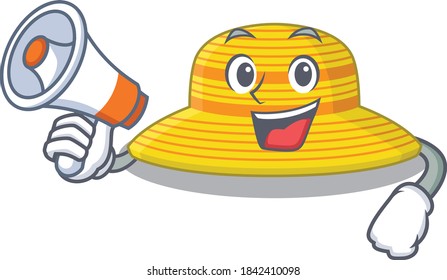 Mascot design of summer hat announcing new products on a megaphone