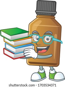 A mascot design of syrup cure bottle student character with book