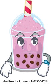 Mascot design of taro bubble tea showing waiting gesture