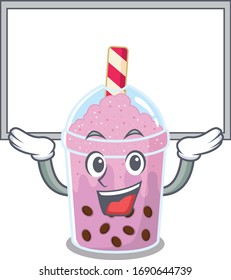 Mascot design of taro bubble tea lift up a board