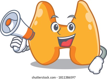 Mascot design of thyroid announcing new products on a megaphone