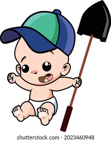 Mascot design vector of little baby boy holding shovel
