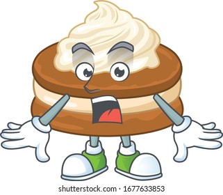 A mascot design of white cream alfajor making a surprised gesture