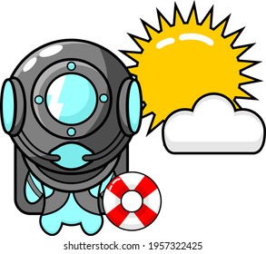 Mascot diving helmet in summer cartoon character illustration
