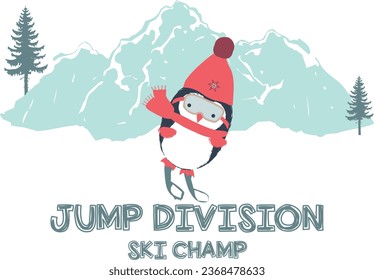 MASCOT DOODLE PENGUIN SNOW SKI JUMP WINTER GRAPHIC DESIGN VECTOR ILLUSTRATION