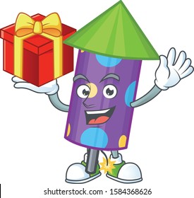 Mascot of dot fireworks rocket character up a gift