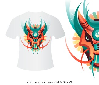 Mascot dragon for printing on shirts and other items. Highly detailed abstract ornate geometric dragon vector illustration. Tattoo design, poster, print, T-shirt, greeting card. Vector illustration 