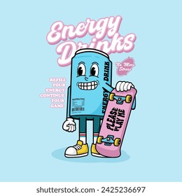 Mascot Drink Holding Skateboard, Sticker, Branding, Retro, Vintage Vector