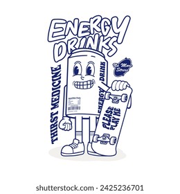 Mascot Drink Holding Skateboard, Sticker, Branding, Retro, Vintage Vector