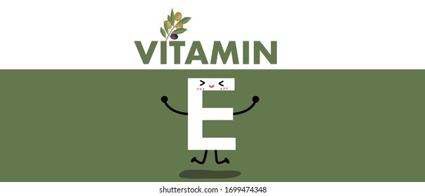 mascota E. Vitamina E sobre verde y olivo sobre fondo blanco. Concepto saludable. 