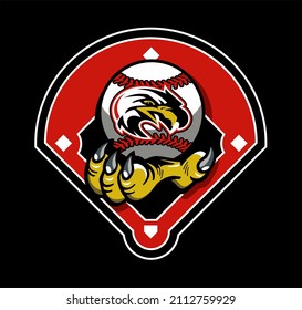 mascot eagle claw holding ball on a baseball diamond for school, college or league