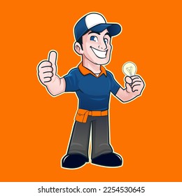 the mascot of an electrician wearing a blue-orange polo shirt and holding a lamp