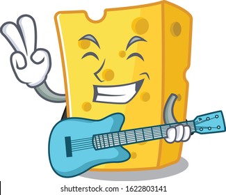 A mascot of emmental cheese performance with guitar