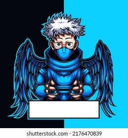 mascot esport boy angel character logo gaming blue wings costume with joystick and blue jacket. Logo gaming for team squad.logo vector character boy wings for gaming.