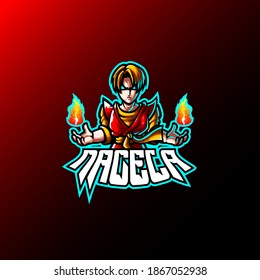 Mascot esport character logo gaming red jacket costume ninja modern with fire. Logo gaming for team squad.