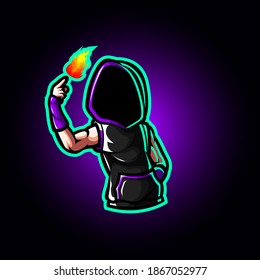 Mascot esport character logo gaming black purple jacket costume ninja modern with fire. Logo gaming for team squad.
