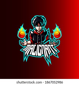 Mascot esport character logo gaming black red jacket costume ninja modern with fire. Logo gaming for team squad.