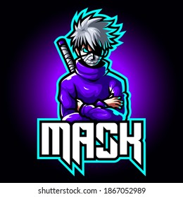 Mascot esport character logo gaming purple jacket costume ninja modern with mask and sword. Logo gaming for team squad.