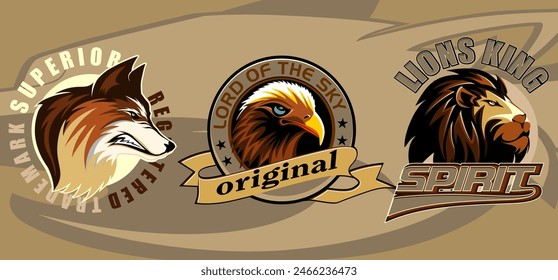 mascota de diseño de logotipo de exportación lobo, águila, león, conjunto de logotipos deportivos mascotas animales. Colorida Grande colección de mascotas para clubes deportivos y Equipos. zorro, lobo, tigre, león