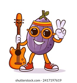 Mascot figs retro character with guitar and sunglasses. Vector illustration. Trendy 70s cartoon style.