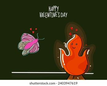 Mascot Fire with Butterfly Cartoon Character on Green Background for Happy Valentine's Day Celebration Concept.