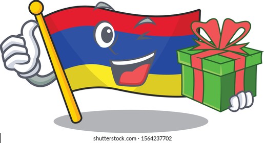 Mascot flag armenia with in holding gift character