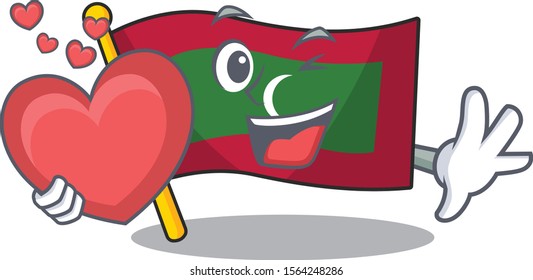 Mascot flag maldives with in holding heart character