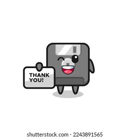 the mascot of the floppy disk holding a banner that says thank you , cute style design for t shirt, sticker, logo element