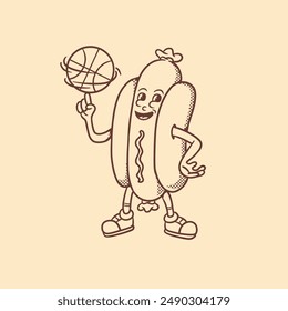 mascot food hotdog with basketball, good for coloring book, doodles, graphic design, etc