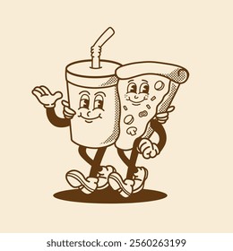 mascot food pizza and cola with retro style good for brand mascot, cafe mascot, restaurant mascot, poster, element design, etc