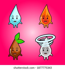 mascot of four elements like water, fire, earth, and air on pink background