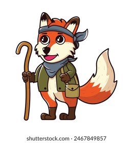 Mascot fox logo adventure, A sly fox with a bandana around its neck and a walking stick. The fox can have a small satchel.