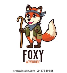 Mascot fox logo adventure, A sly fox with a bandana around its neck and a walking stick. The fox can have a small satchel.