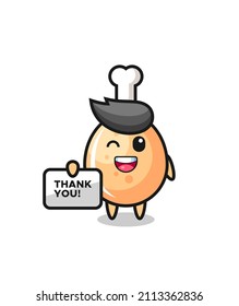 the mascot of the fried chicken holding a banner that says thank you , cute style design for t shirt, sticker, logo element